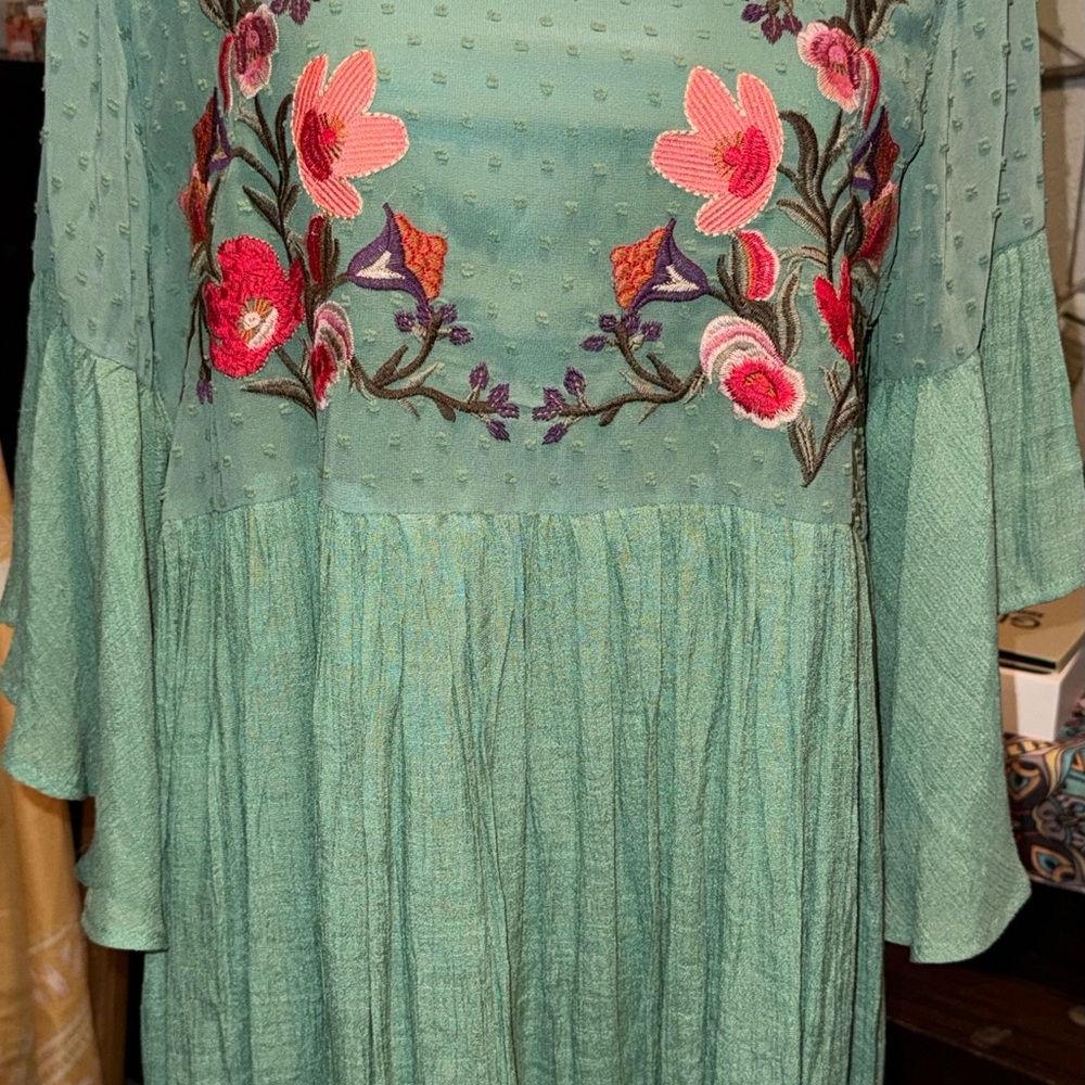 Umgee Green Pleated Sundress with Bell Sleeves